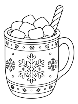 A festive snowflake mug filled with marshmallows on this hot cocoa coloring page.