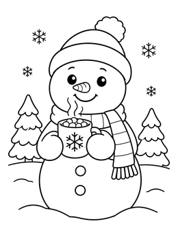 A happy snowman coloring page featuring a warm mug of cocoa in a snowy forest.