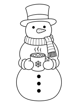 A friendly snowman coloring page holding a steaming mug of hot cocoa with marshmallows.