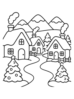 Free printable Cozy Snowy Village With Christmas Trees coloring page