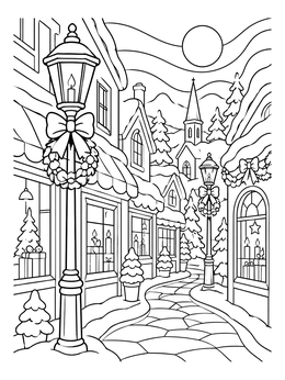 Snowy village street with lampposts and decorated shop windows in this holiday coloring page.