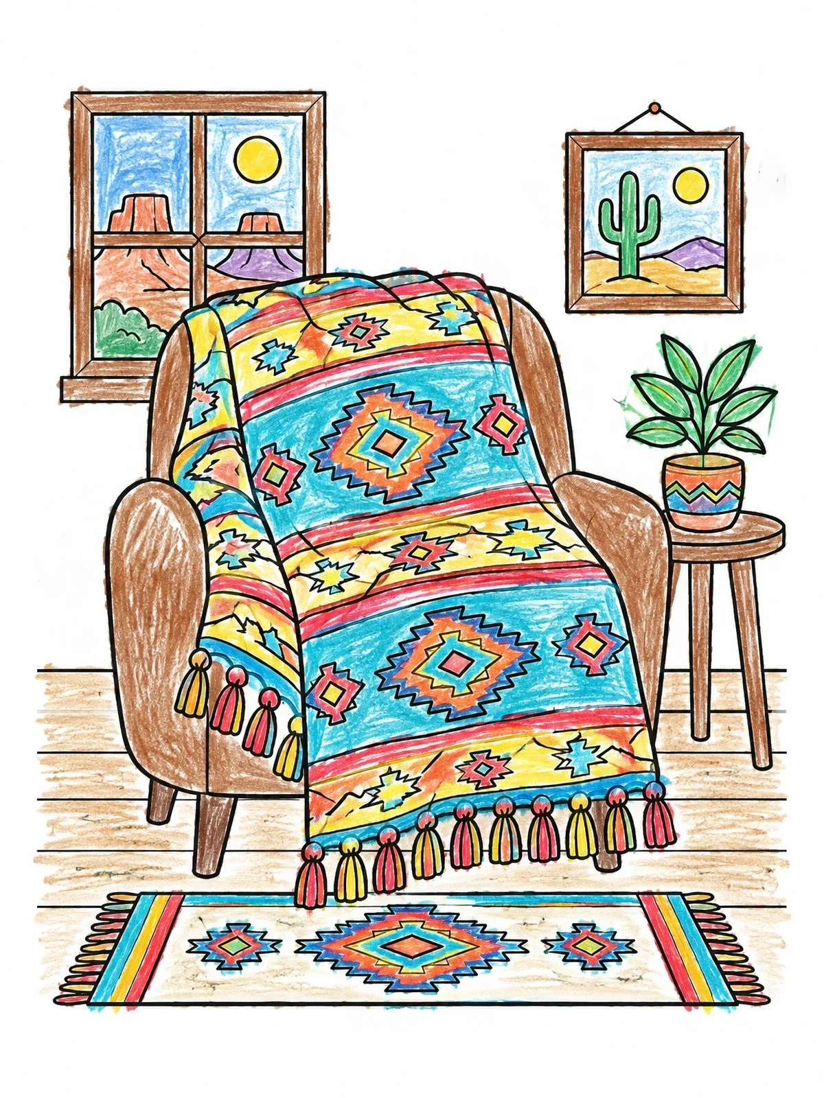 Colored example of the Cozy Southwestern Blanket On Armchair coloring page