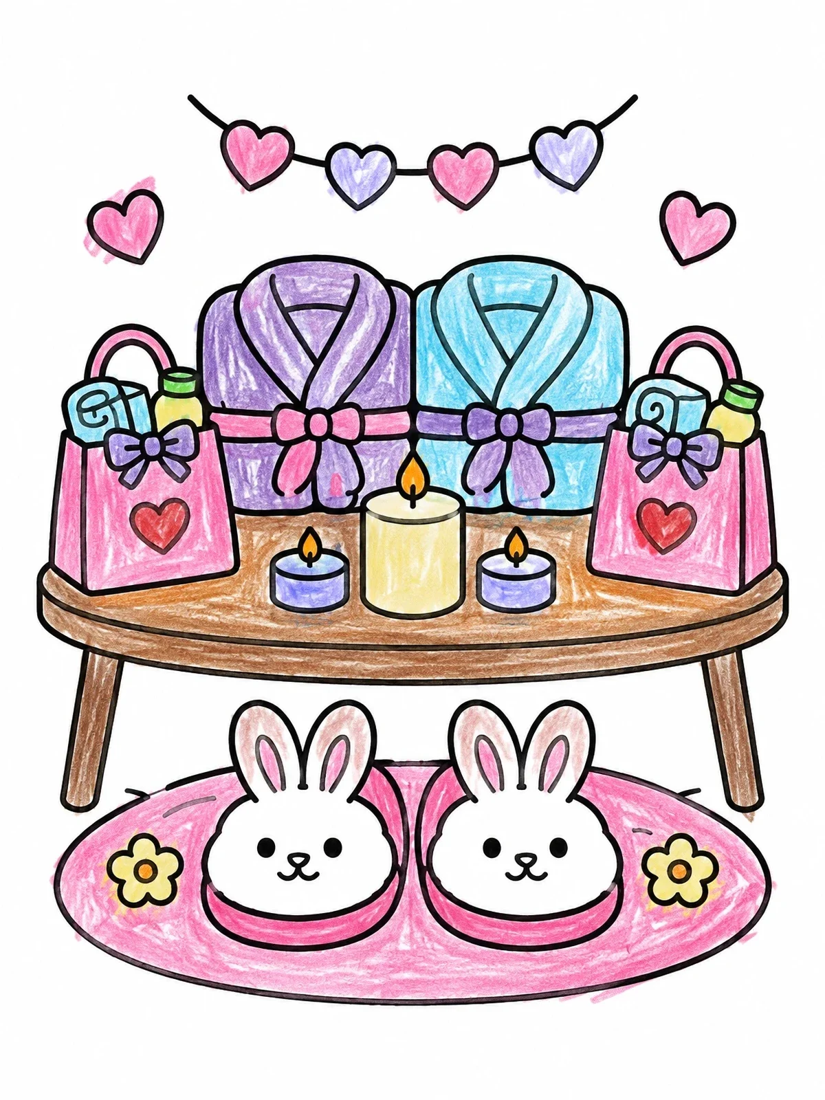 Colored example of the Cozy Spa Party Setup coloring page