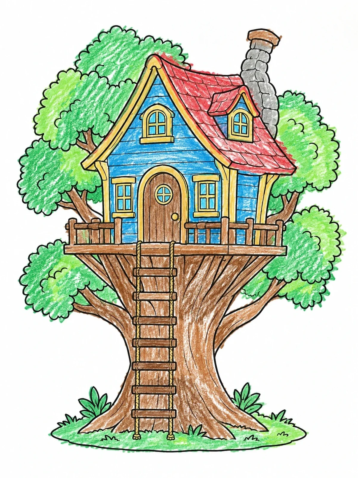 Colored example of the Cozy Storybook Cottage Treehouse coloring page