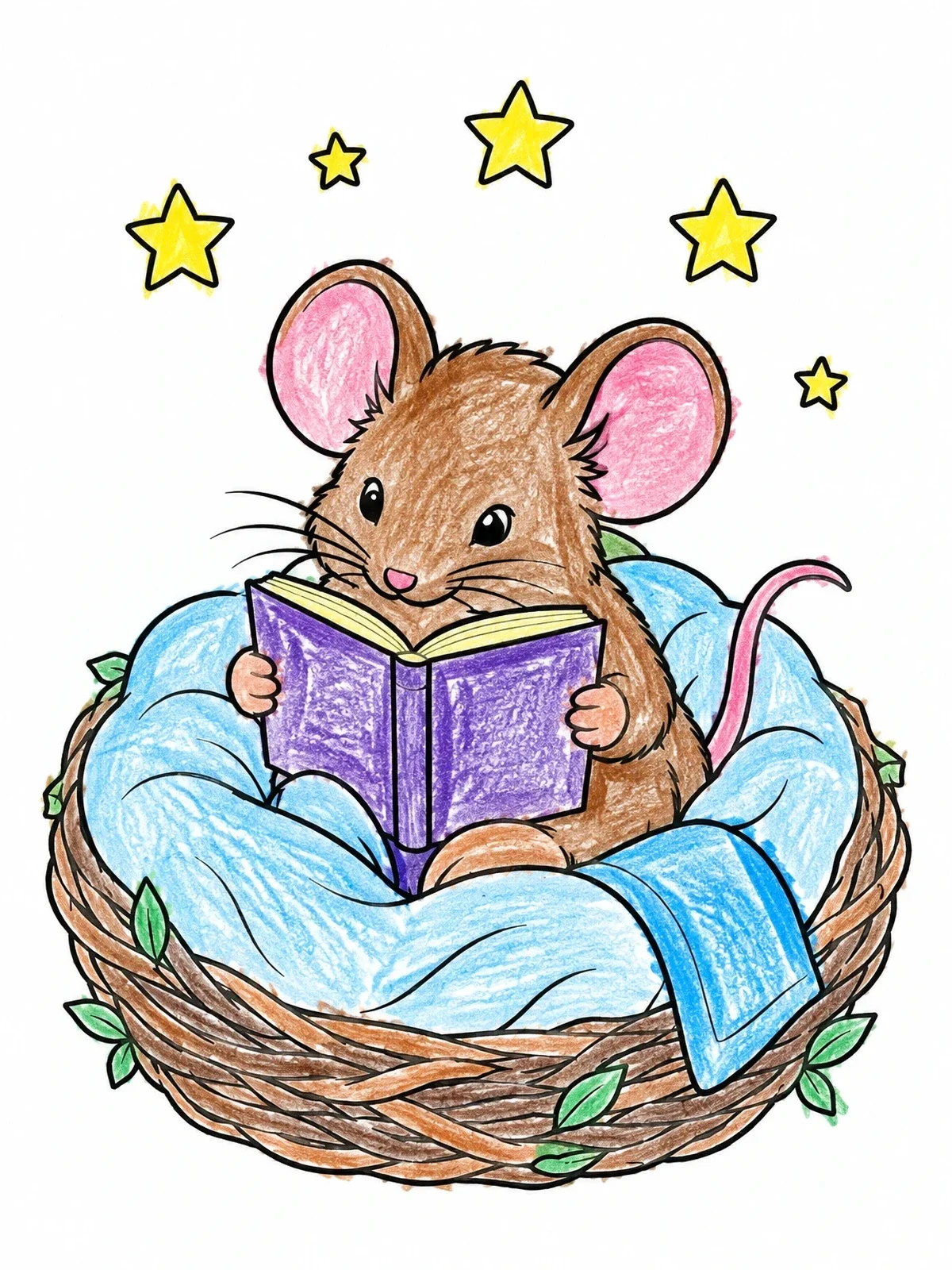 Colored example of the Cozy Storybook Mouse Reading In Bed coloring page