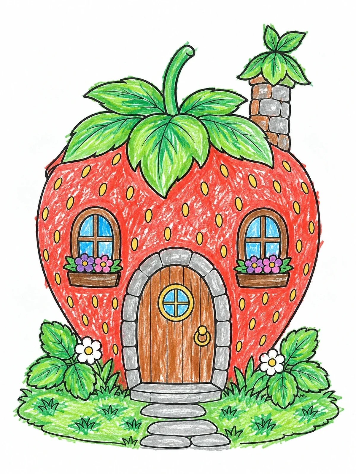Colored example of the Cozy Strawberry Fairy House coloring page