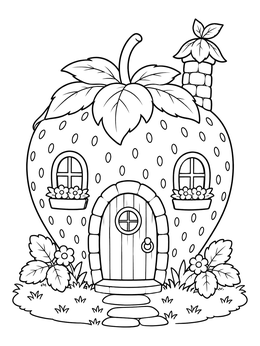 A whimsical strawberry coloring page featuring a fairytale cottage with an arched wooden door and stone chimney.
