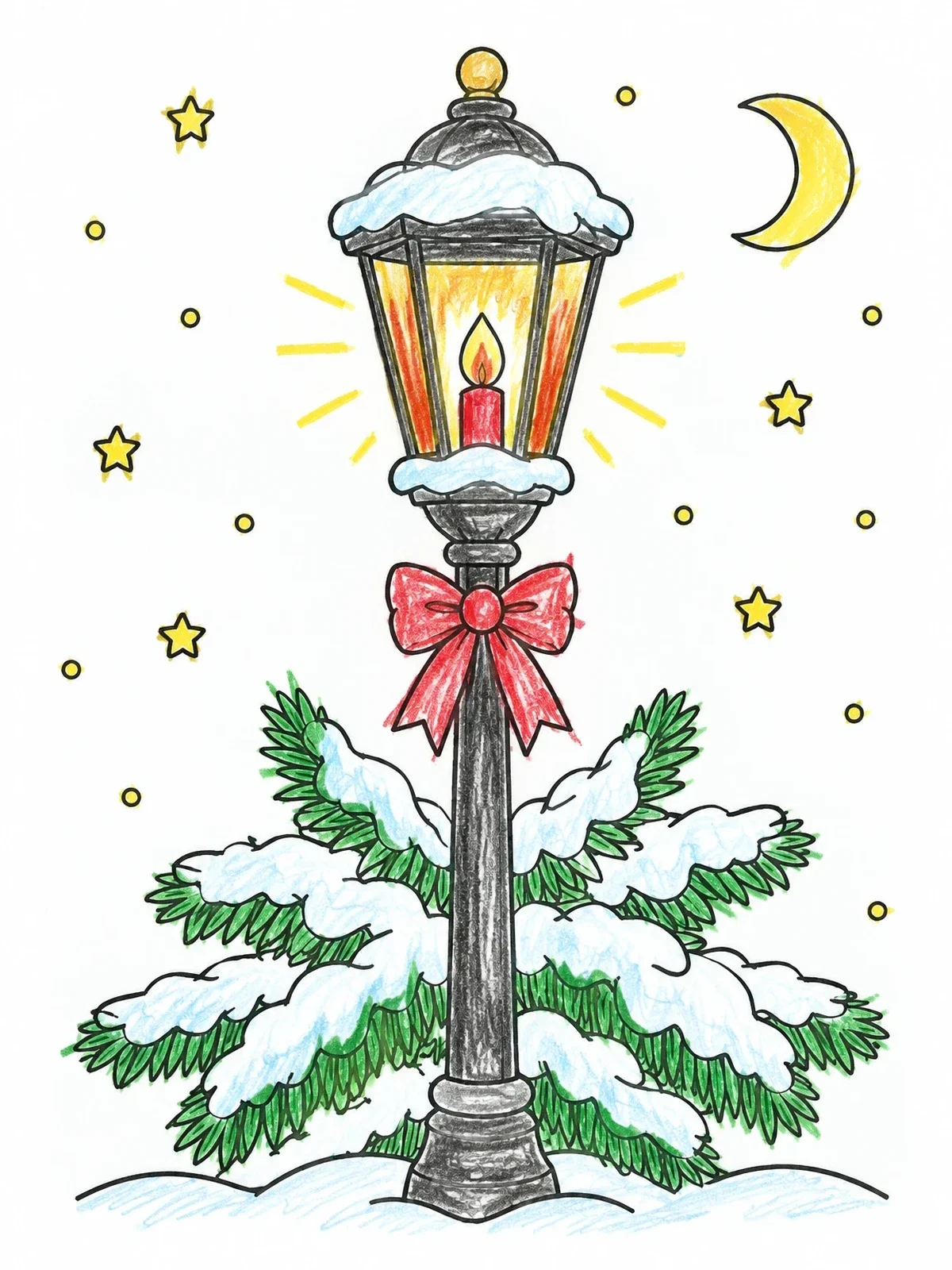 Colored example of the Cozy Streetlamp Under Winter Night Sky coloring page