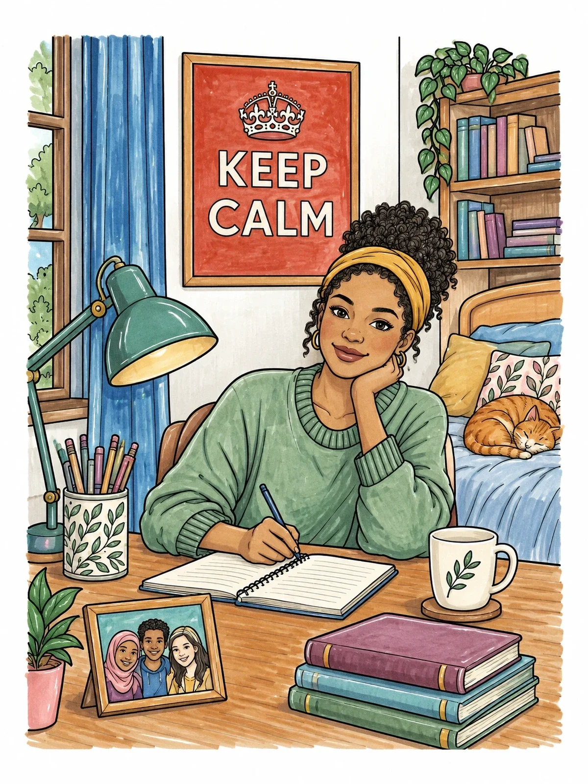 Colored example of the Cozy Study Desk With Keep Calm Poster coloring page