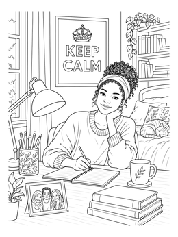 A girl writing at her bedroom desk in this detailed keep calm coloring page.