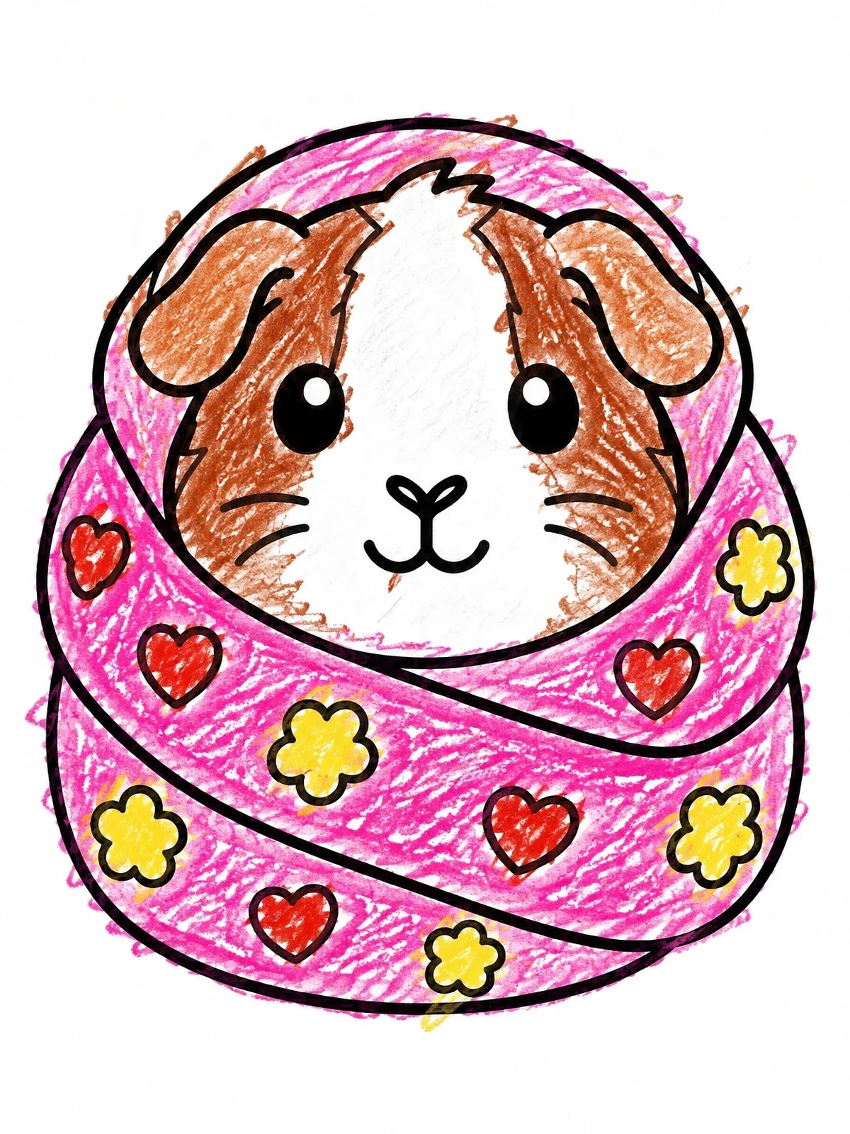 Colored example of the Cozy Swaddled Guinea Pig coloring page