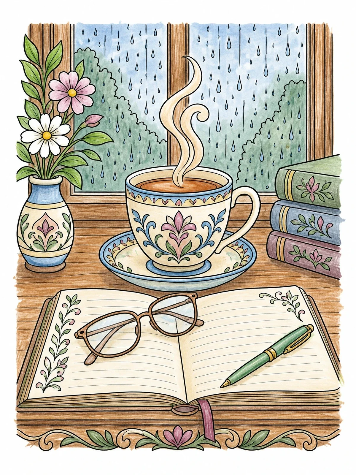 Colored example of the Cozy Tea And Journal By The Window coloring page