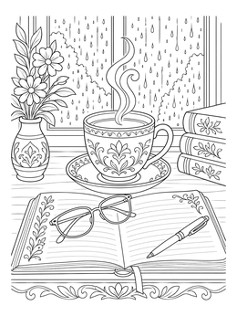 A steaming tea cup and open journal on a rainy day coloring page with rain on the window.