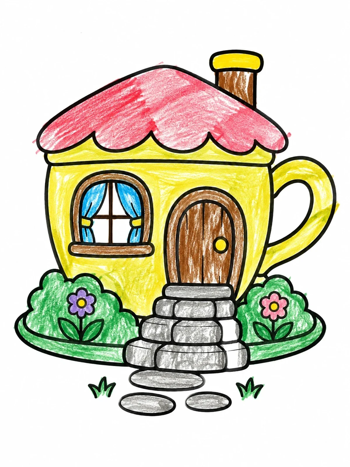 Colored example of the Cozy Teacup Fairy House coloring page