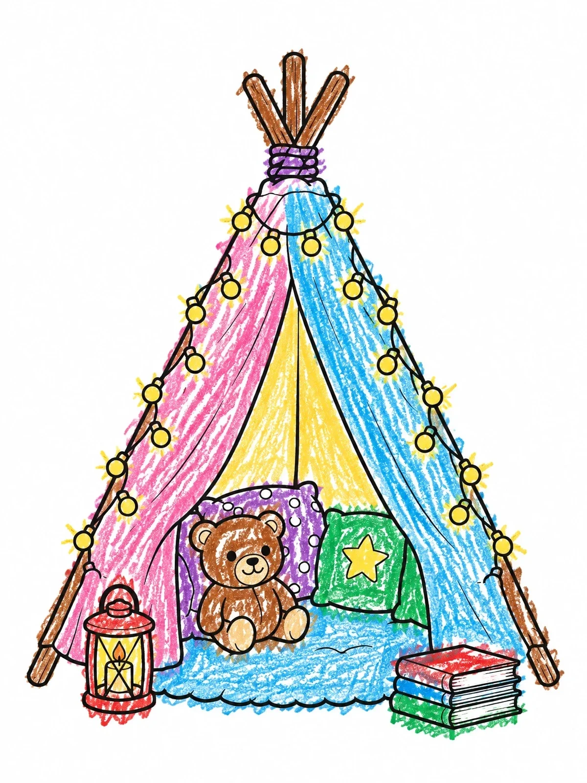 Colored example of the Cozy Teepee Blanket Fort With Teddy Bear coloring page