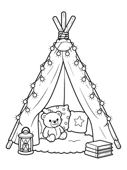 Free printable Cozy Teepee Blanket Fort With Teddy Bear coloring page