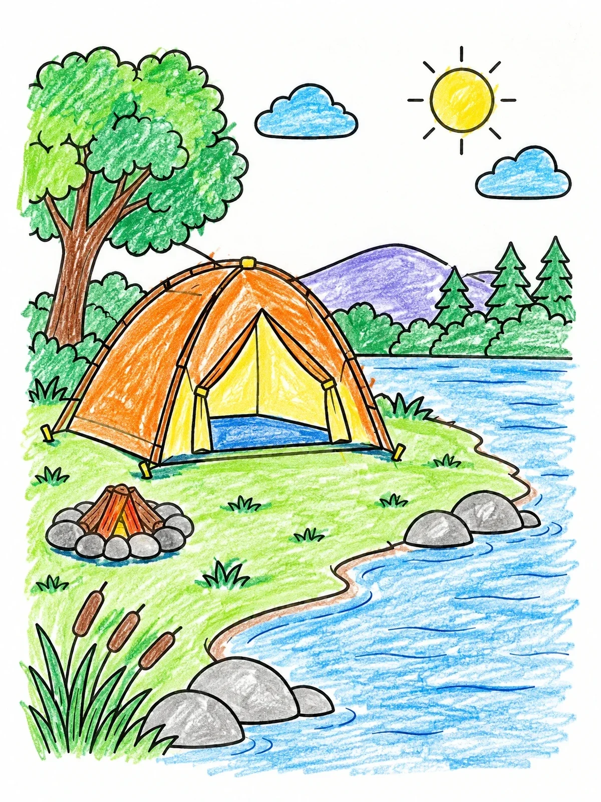 Colored example of the Cozy Tent By The Riverside coloring page