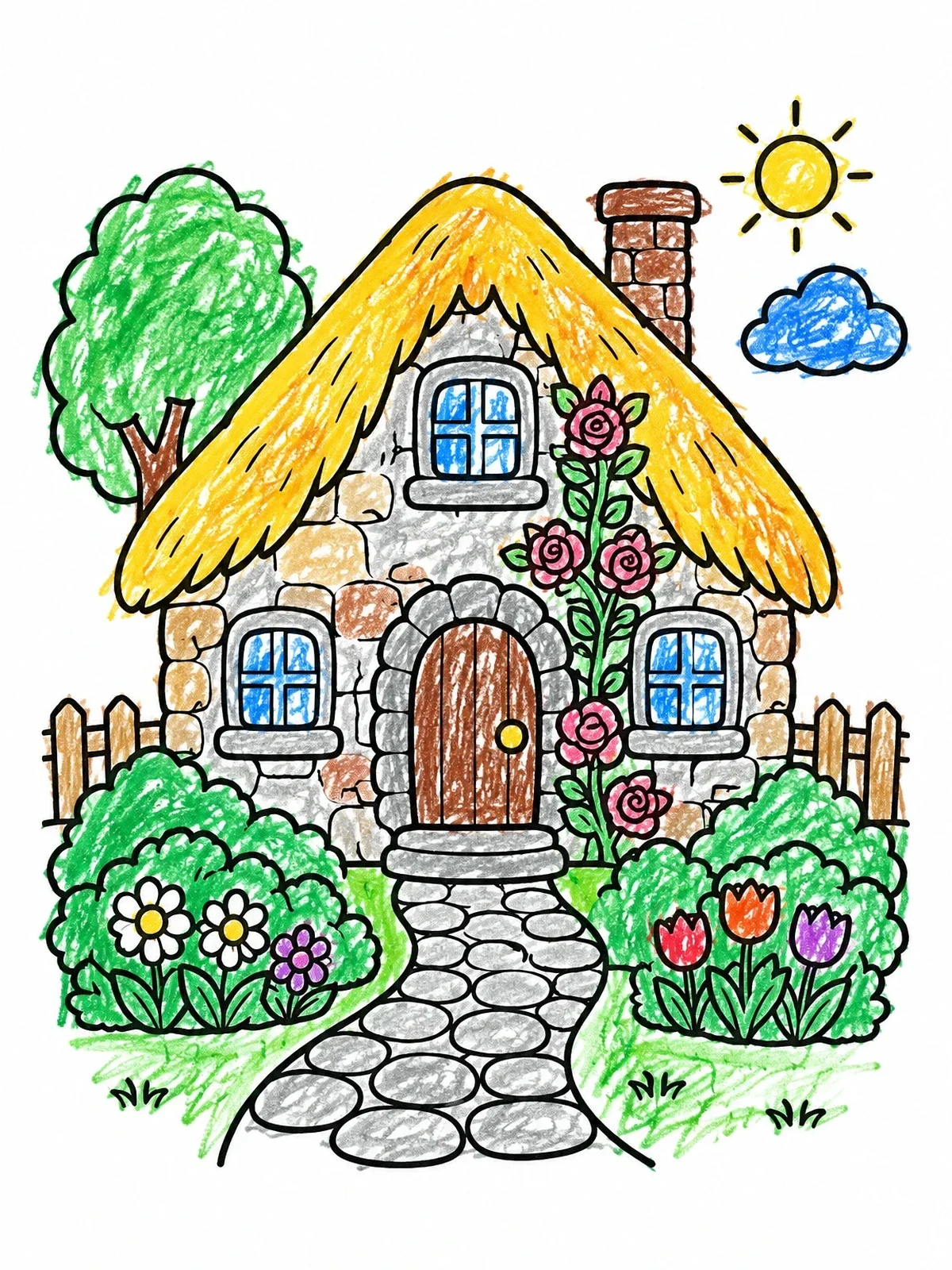 Colored example of the Cozy Thatched Cottage With Garden coloring page