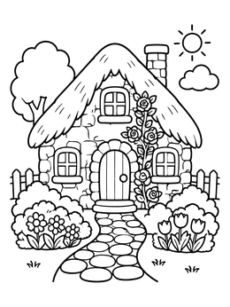 Free printable Cozy Thatched Cottage With Garden coloring page