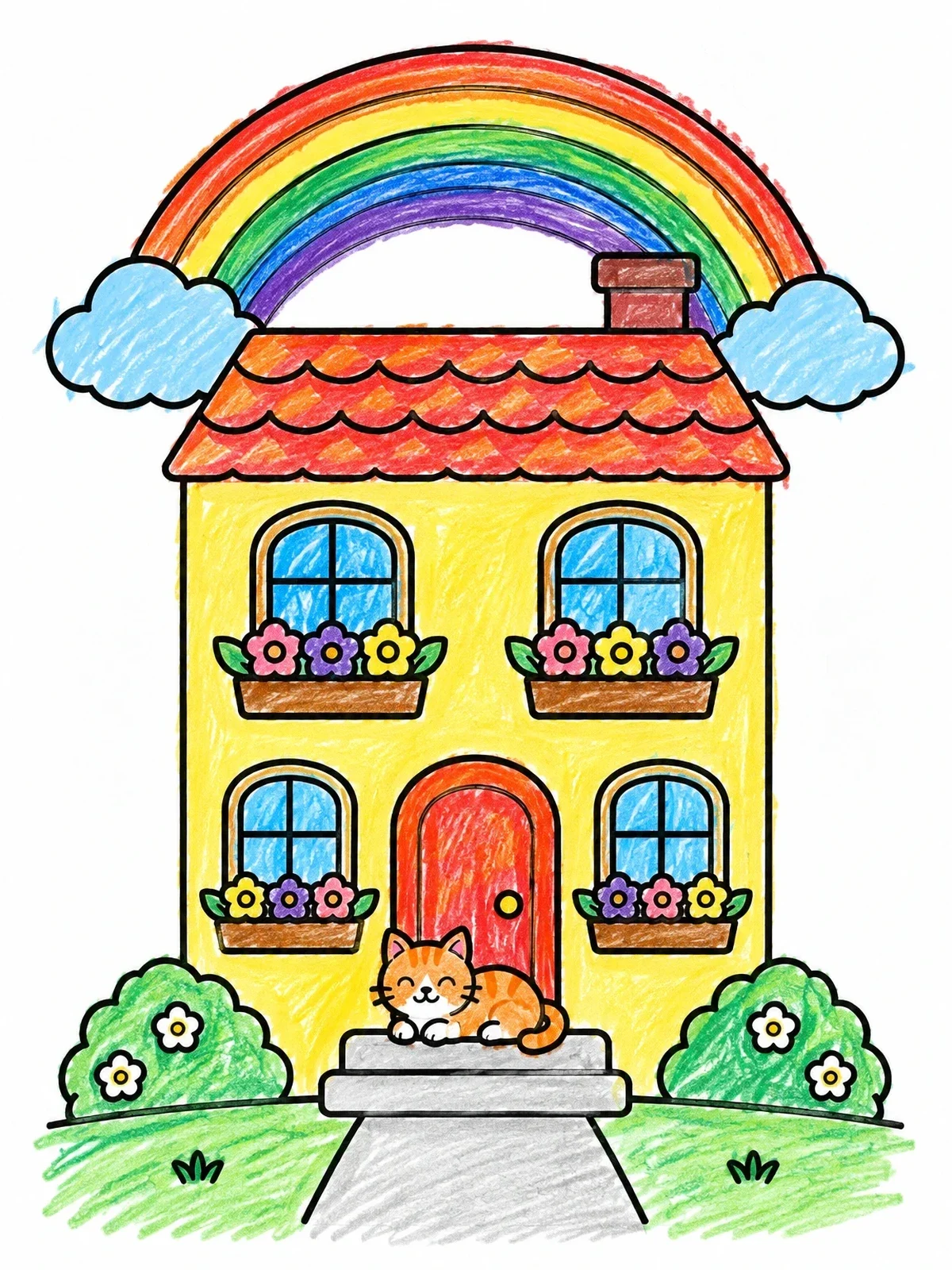 Colored example of the Cozy Townhouse With Cat And Rainbow coloring page