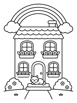 Free printable Cozy Townhouse With Cat And Rainbow coloring page