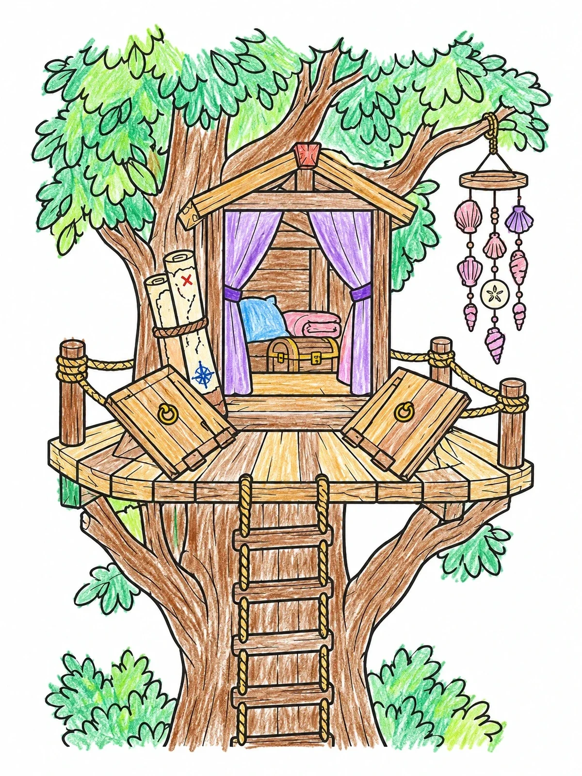 Colored example of the Cozy Tree House Hideaway With Wind Chime coloring page