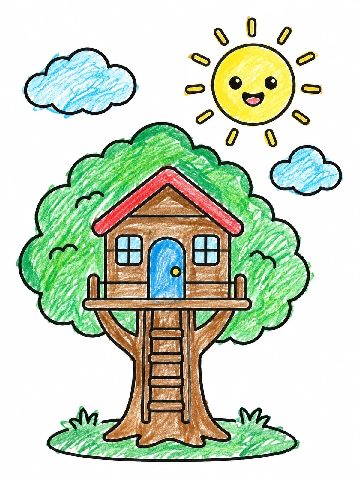 Colored example of the Cozy Tree House And Smiling Sun coloring page