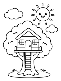 Free printable Cozy Tree House And Smiling Sun coloring page