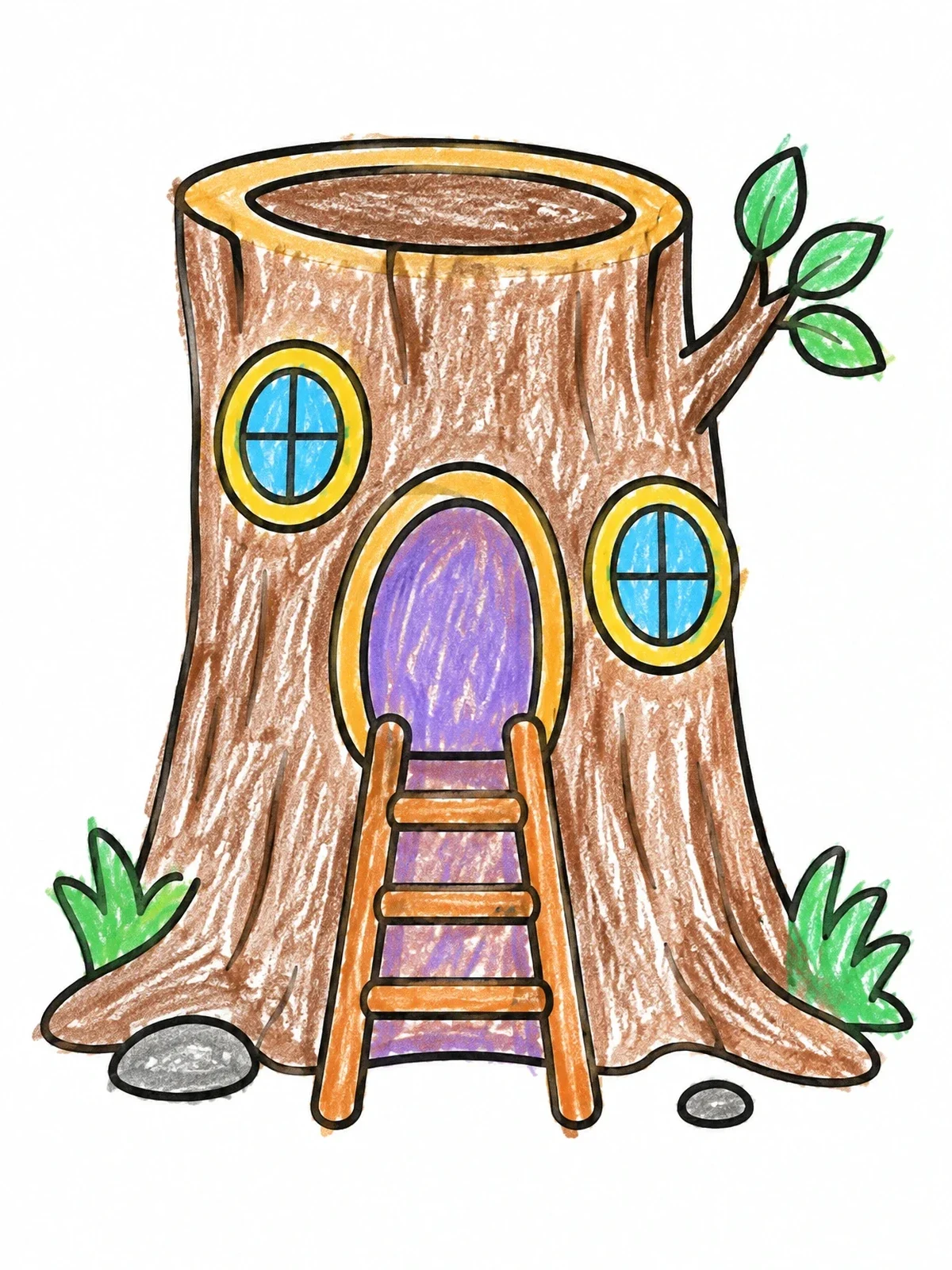 Colored example of the Cozy Tree Stump Fairy Cottage coloring page