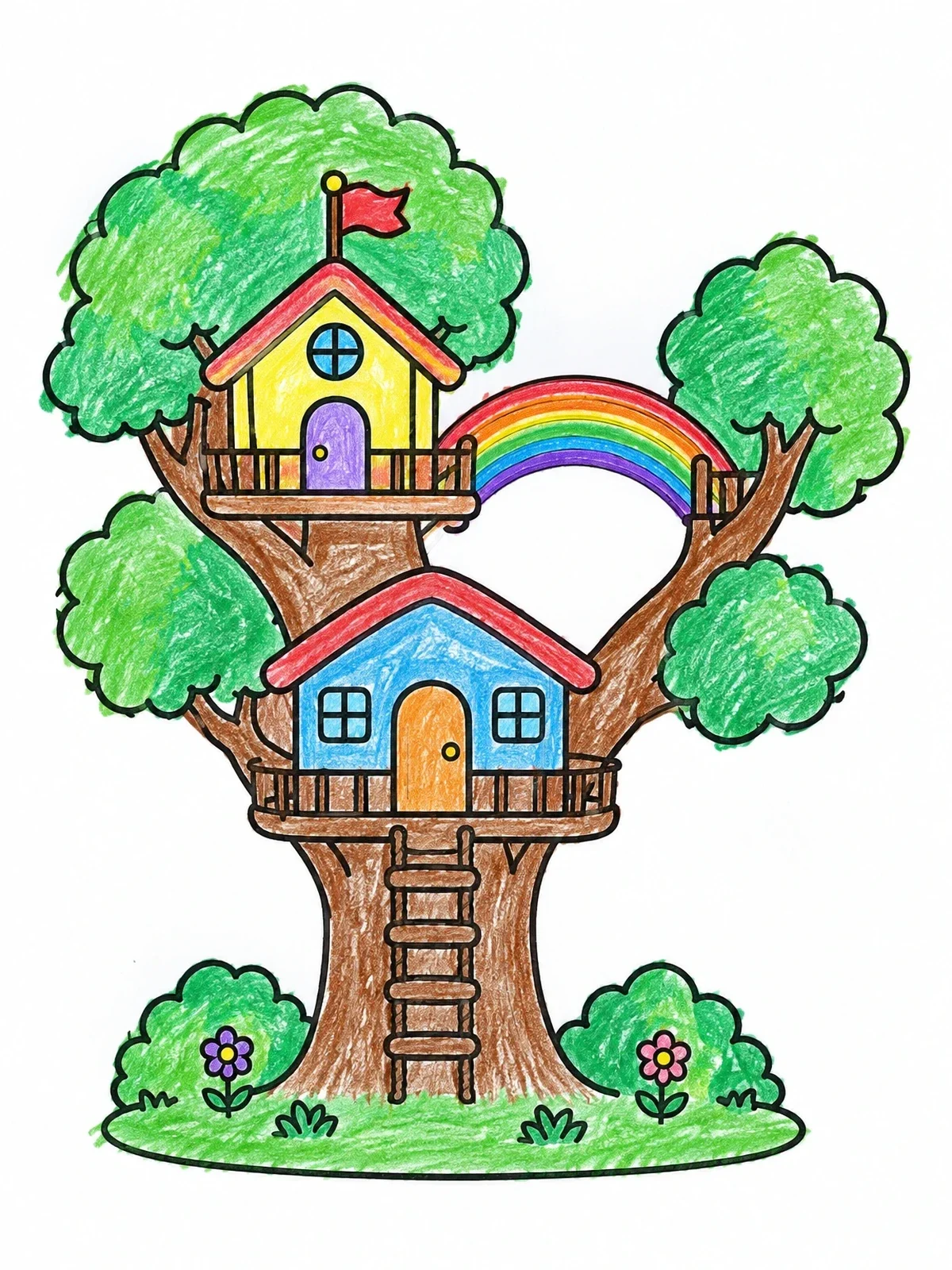 Colored example of the Cozy Treehouse With Rainbow Bridge coloring page