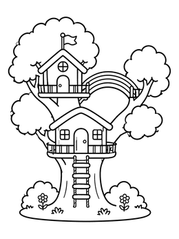 Free printable Cozy Treehouse With Rainbow Bridge coloring page
