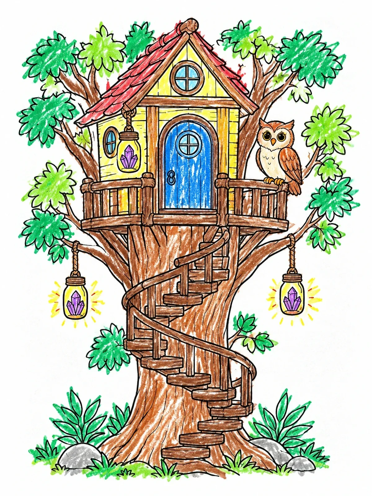 Colored example of the Cozy Treehouse With Perched Owl coloring page