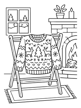 Free printable Cozy Sweater By The Fireplace coloring page