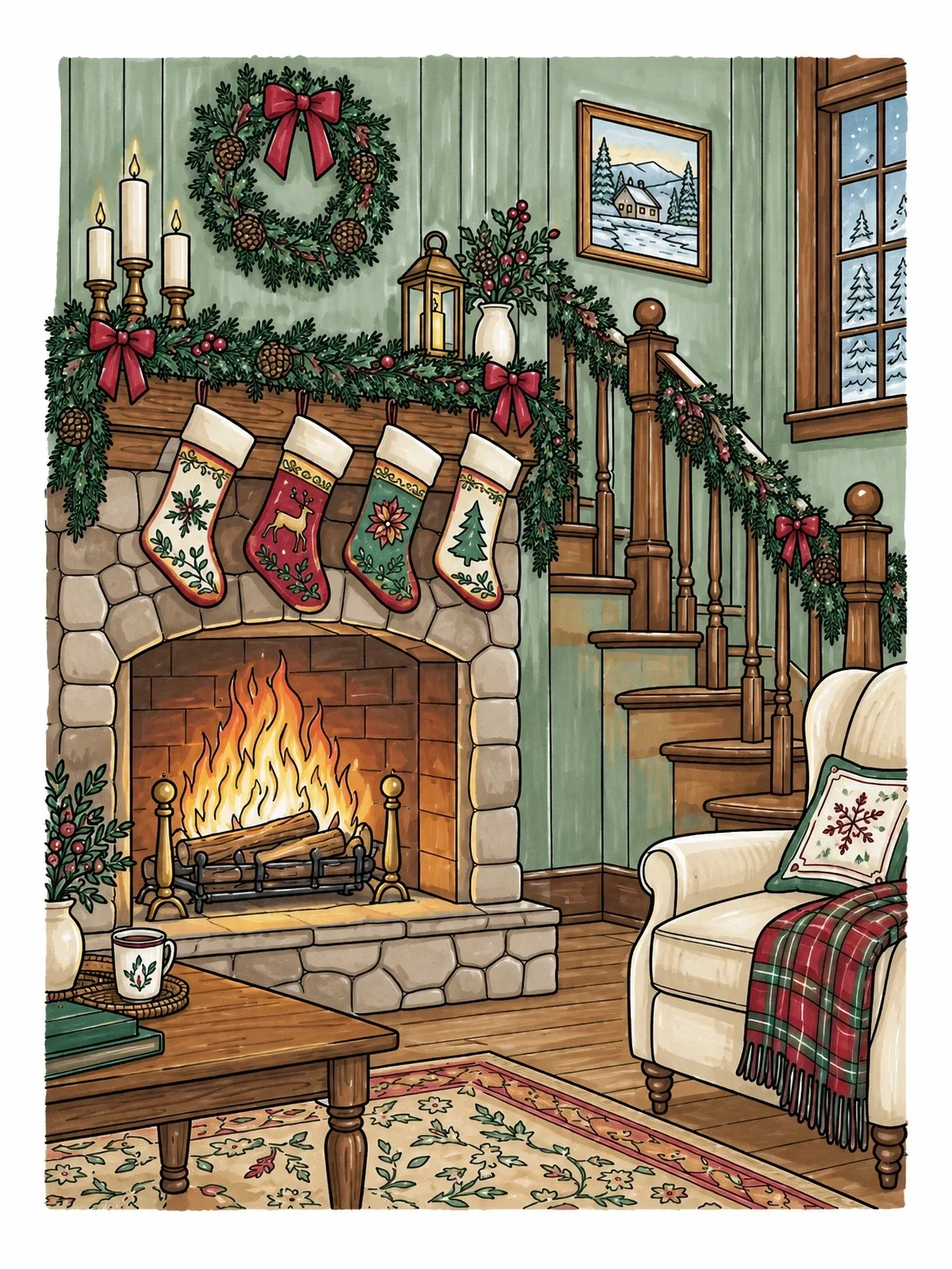 Colored example of the Cozy Victorian Christmas Hearth coloring page