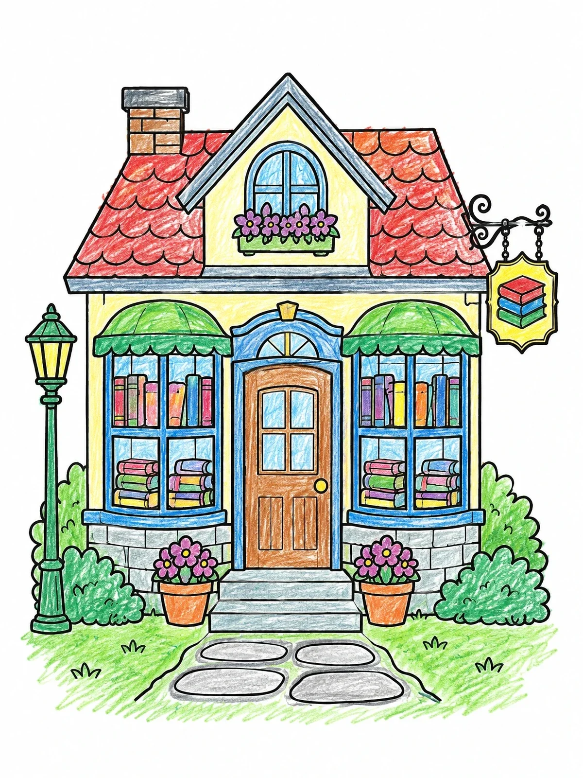 Colored example of the Cozy Village Bookshop Facade coloring page