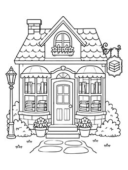 Free printable Cozy Village Bookshop Facade coloring page