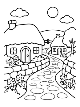 Free printable Cozy Village Lane With Cottages coloring page