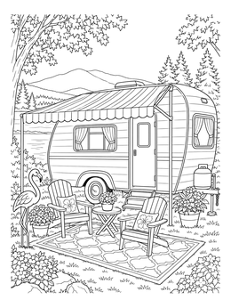 Free printable Cozy Vintage Camper Campsite coloring page