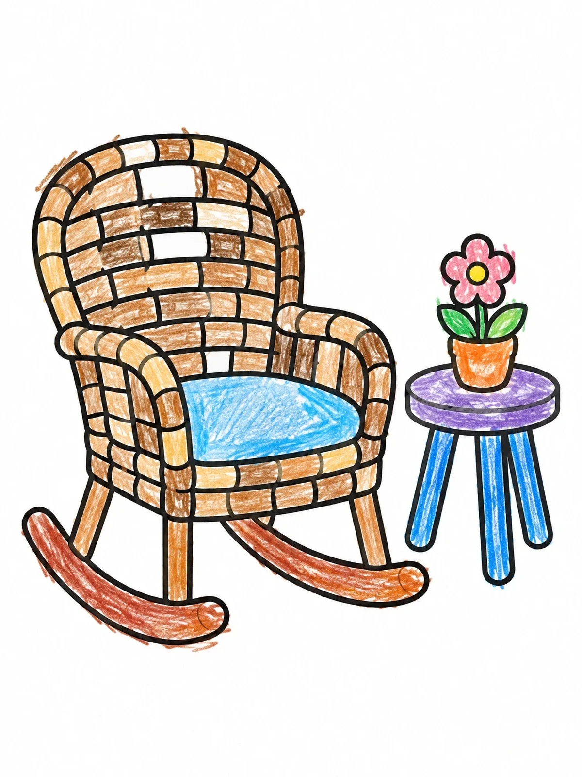 Colored example of the Cozy Wicker Rocking Chair And Flower Table coloring page