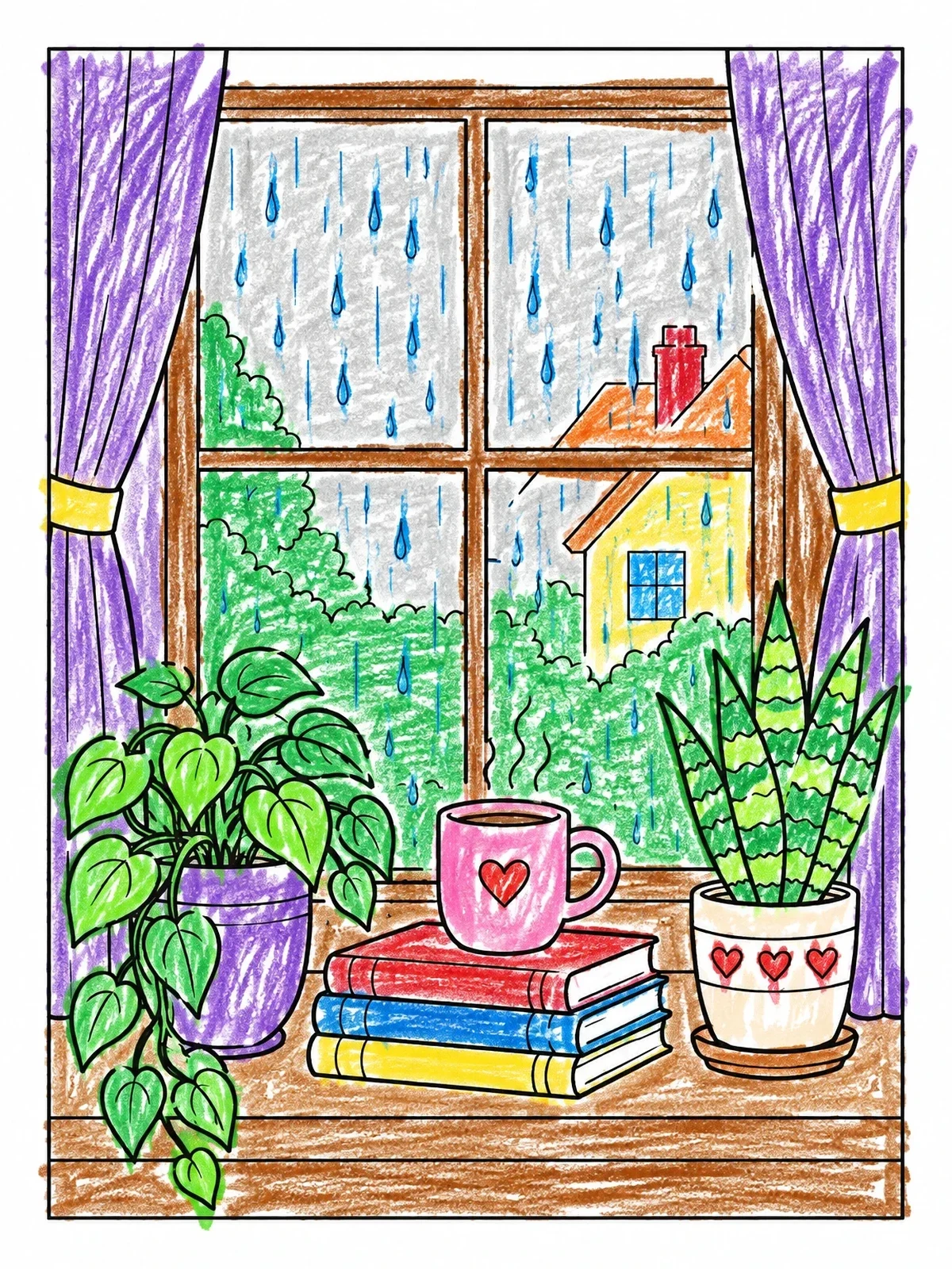 Colored example of the Cozy Window On A Rainy Day coloring page
