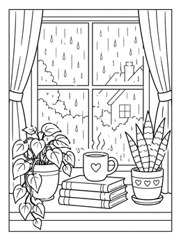 A cozy window view with plants and books in this rainy day coloring page.