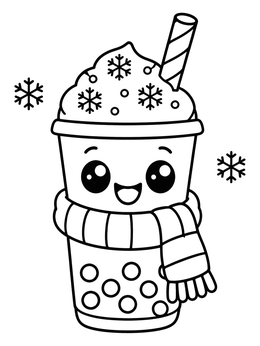 A cute winter boba coloring page featuring a smiling drink wrapped in a cozy scarf.