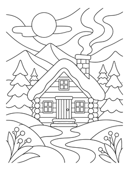 A snowy day coloring page featuring a cozy log cabin surrounded by pines and mountains.