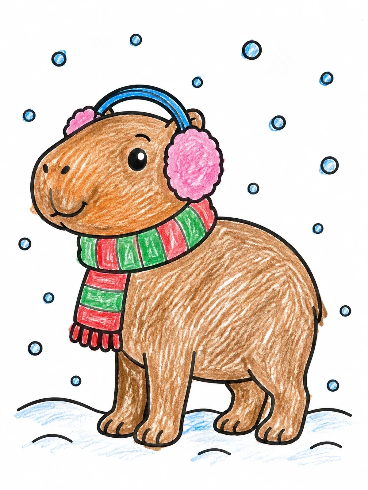 Colored example of the Cozy Winter Capybara In Snow coloring page