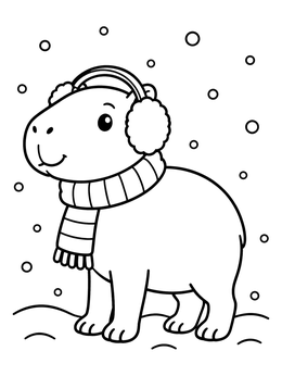 A cute capybara coloring page wearing earmuffs and a scarf in the snow.