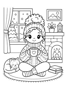 A cute chibi coloring page of a girl with hot cocoa sitting by a warm fireplace with a cat.