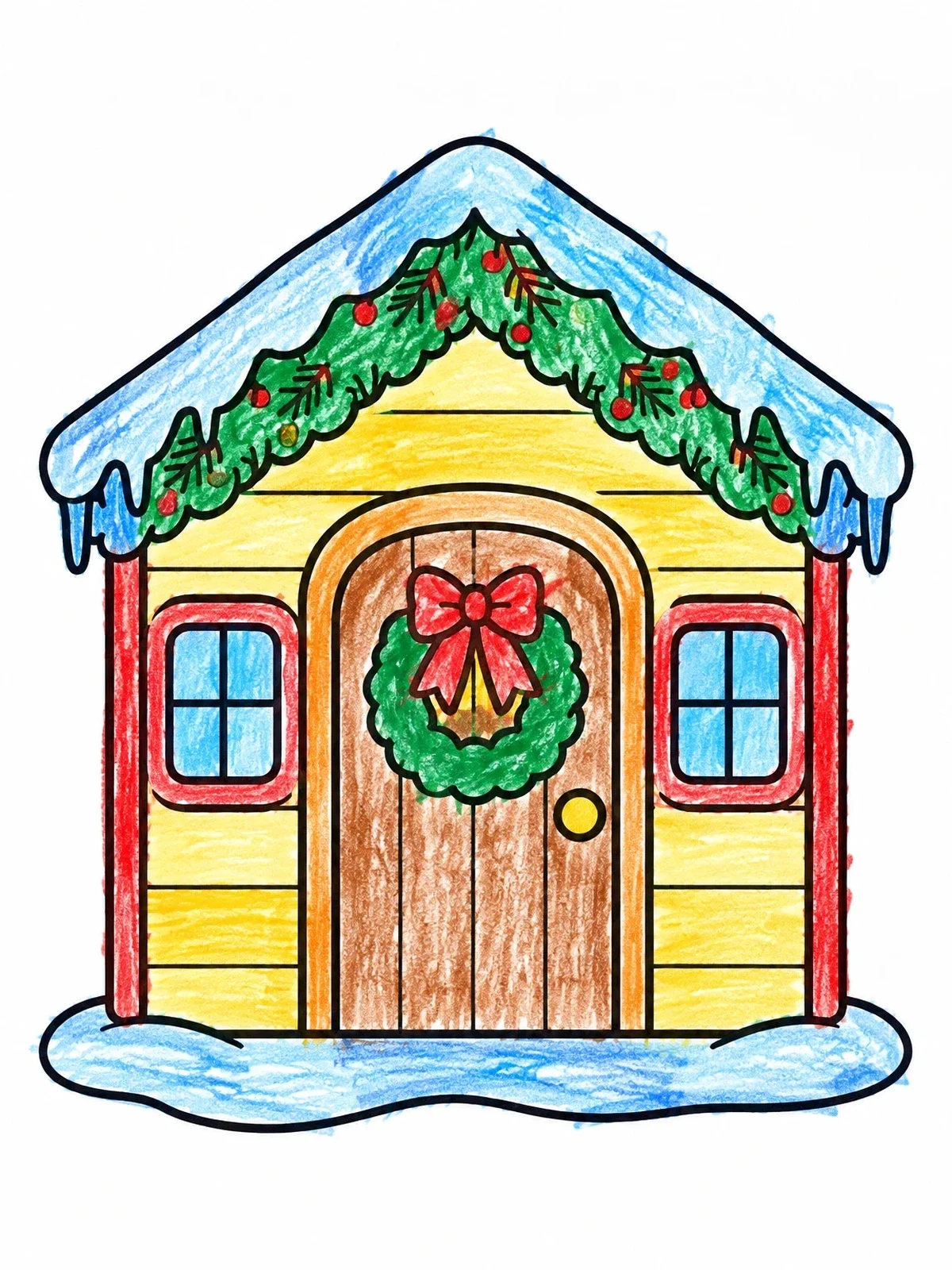 Colored example of the Cozy Winter Playhouse With Holiday Wreath coloring page