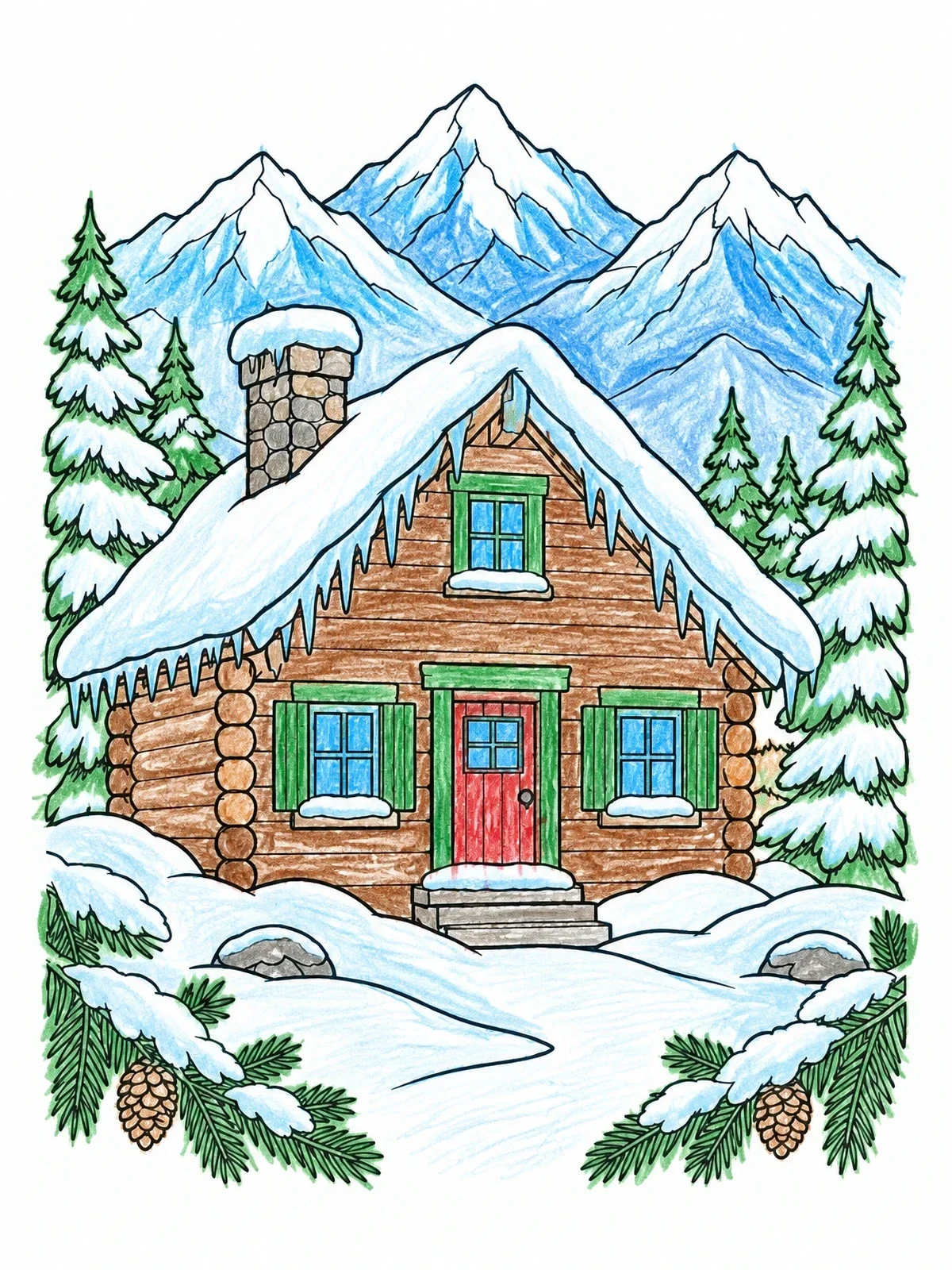 Colored example of the Cozy Winter Log Cabin In Mountains coloring page