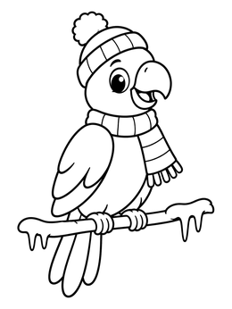 A cheerful bird wearing a beanie and scarf rests on an icy branch in this parrot coloring page.