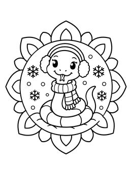 A cute snake coloring page featuring a smiling snake wearing earmuffs and a warm scarf surrounded by snowflakes.